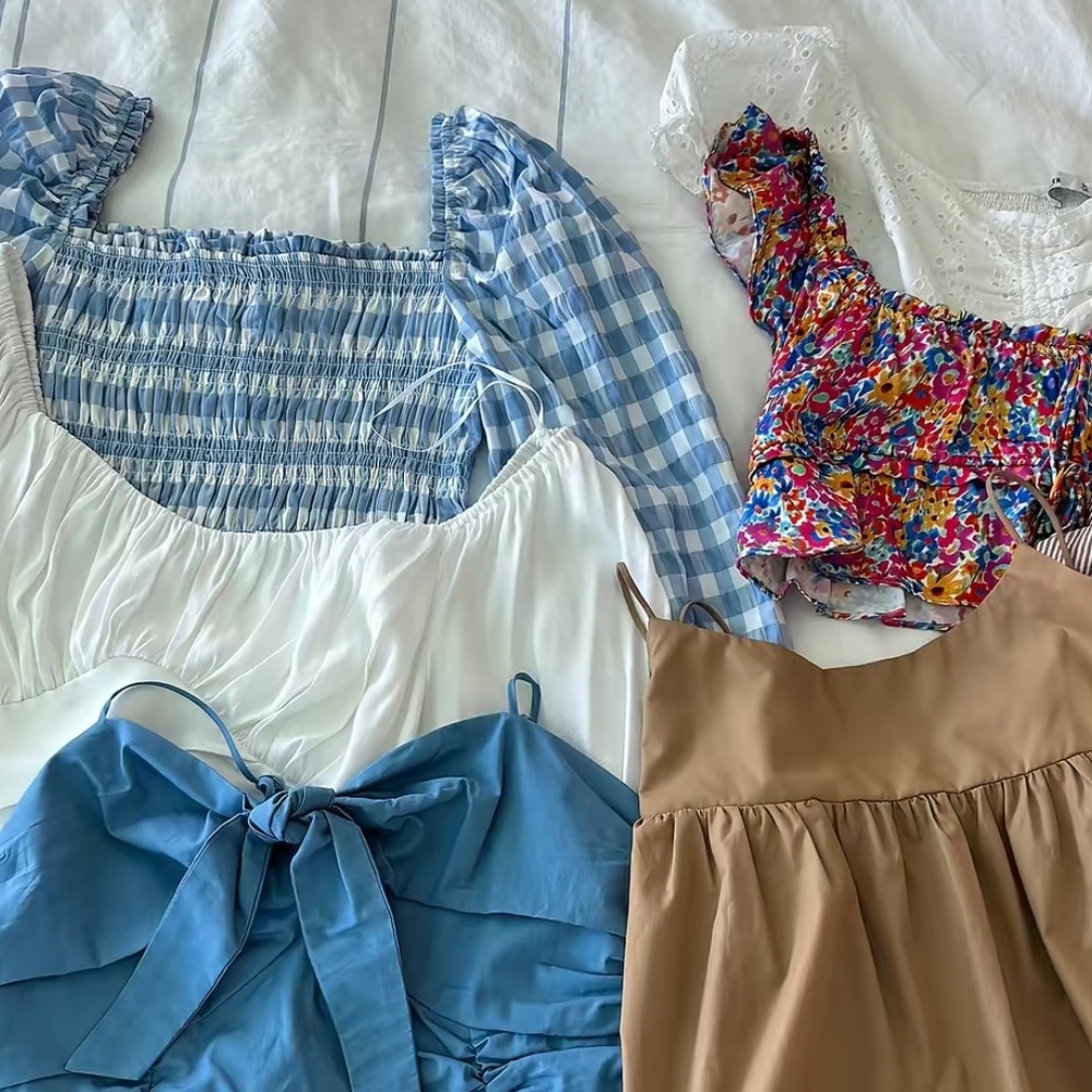 Blue Ruched Top and Tan Sleeveless Dress